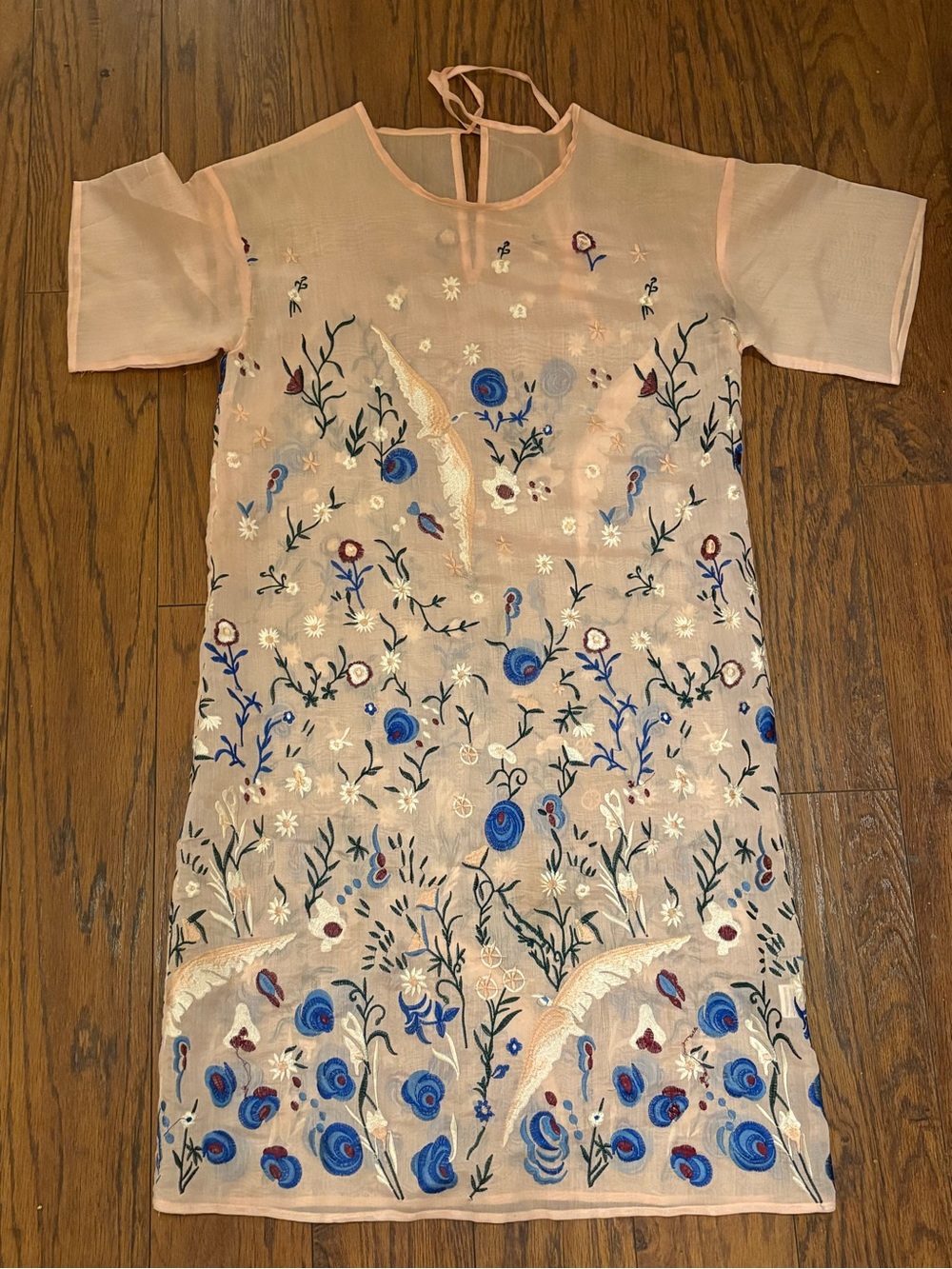 Sheer Embroidered Floral Tunic Dress in Peach with Blue Accents
